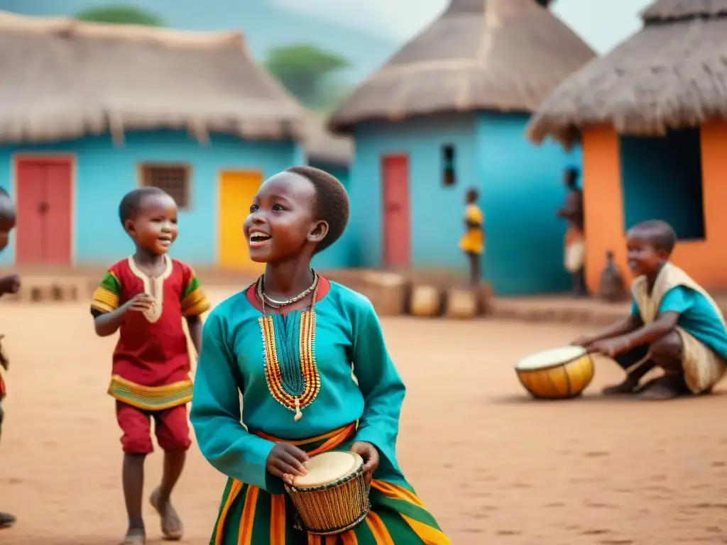 Un vibrante juego en una aldea africana: niños felices, casas coloridas, mujeres bailando y hombres tocando instrumentos