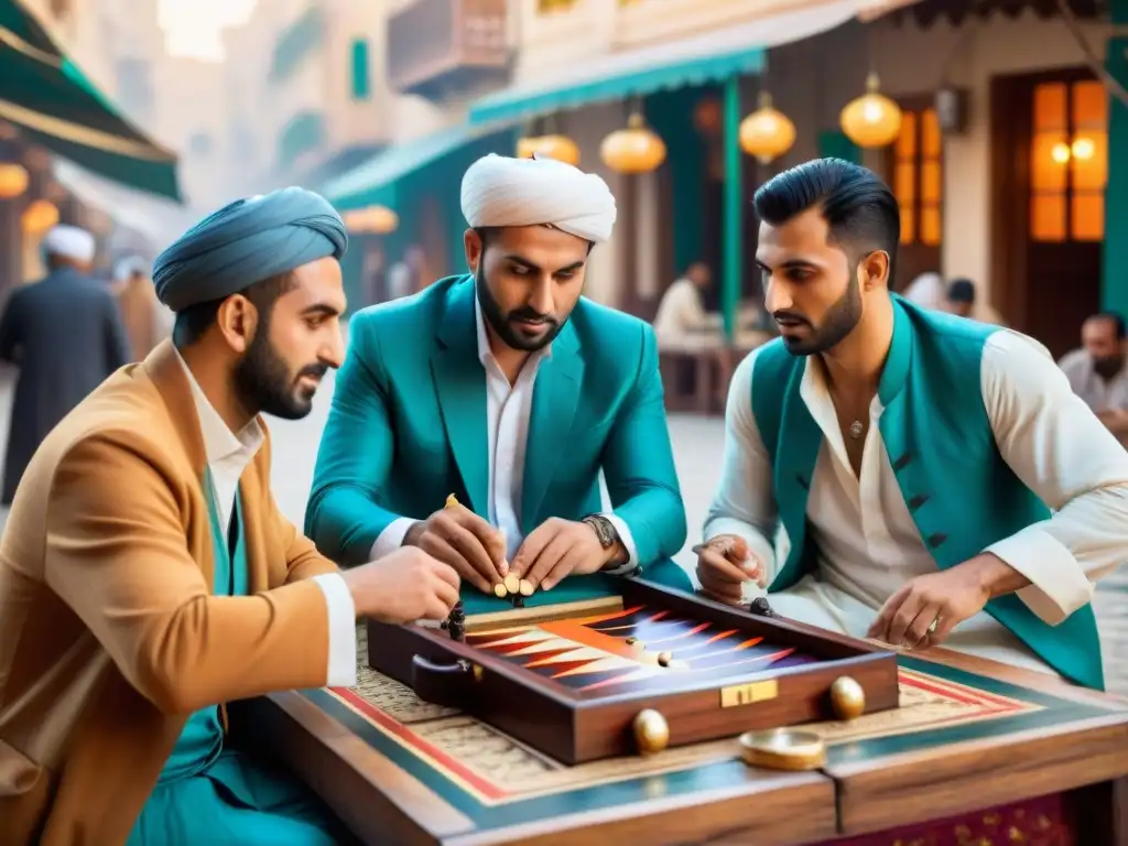 Un vibrante juego de backgammon en un bullicioso mercado del Medio Oriente