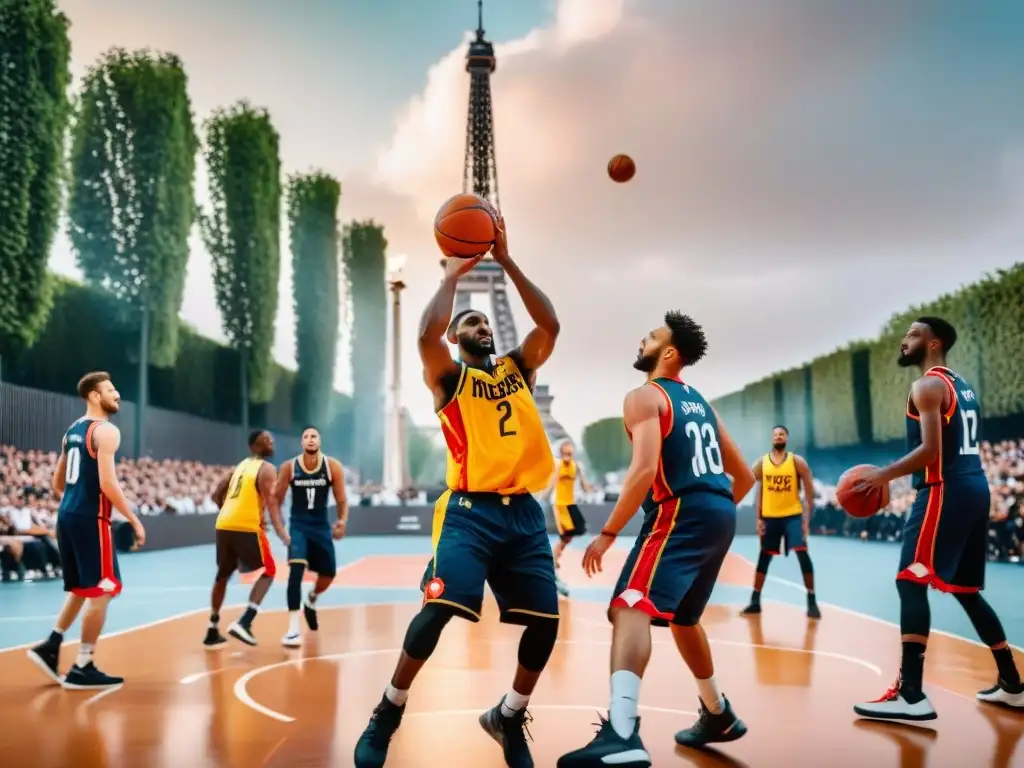 Un vibrante juego de baloncesto uniendo culturas europeas en una cancha urbana, con la Torre Eiffel de fondo