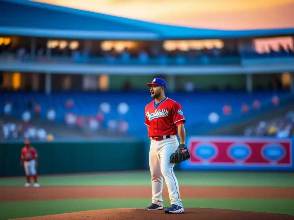 Un vibrante juego de béisbol en Puerto Rico al atardecer, mostrando la intensidad y emoción del deporte