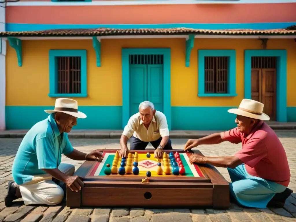 Un vibrante juego de bolos en Panamá: ancianos concentrados en la plaza, detallados bolos artesanales y arquitectura colonial