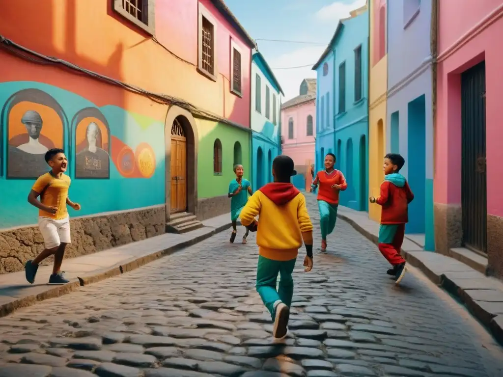 Un vibrante juego de calle tradicionales en un colorido callejón con niños de diversas culturas riendo y jugando