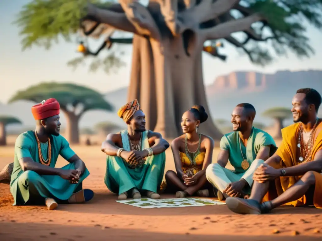 Juego de cartas tradicional africano: diversidad y tradición bajo el baobab Un vibrante juego de cartas en África: jugadores diversos bajo un baobab, inmersos en la partida