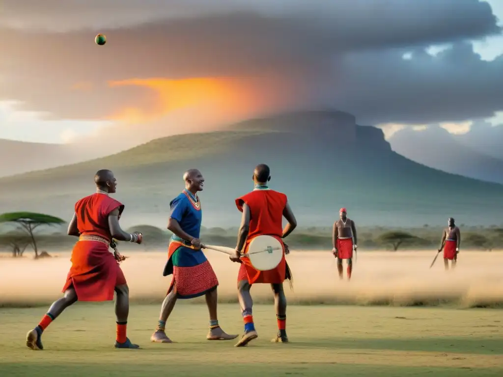 Un vibrante juego de cricket maasai al atardecer en la sabana africana