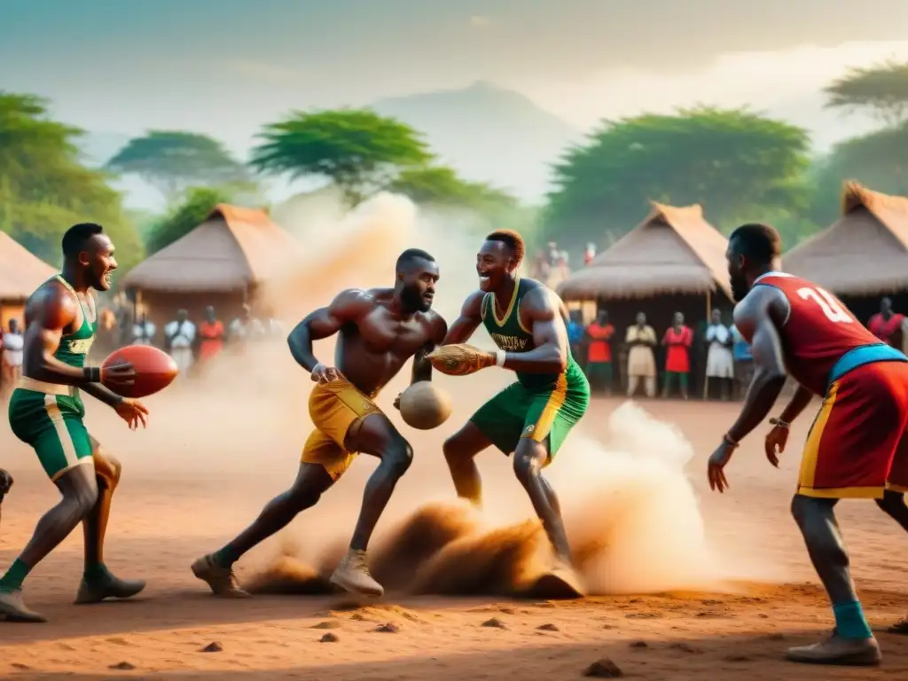 Un vibrante juego deportivo tradicional africano en una plaza polvorienta, con espectadores animados y hombres compitiendo con trajes coloridos