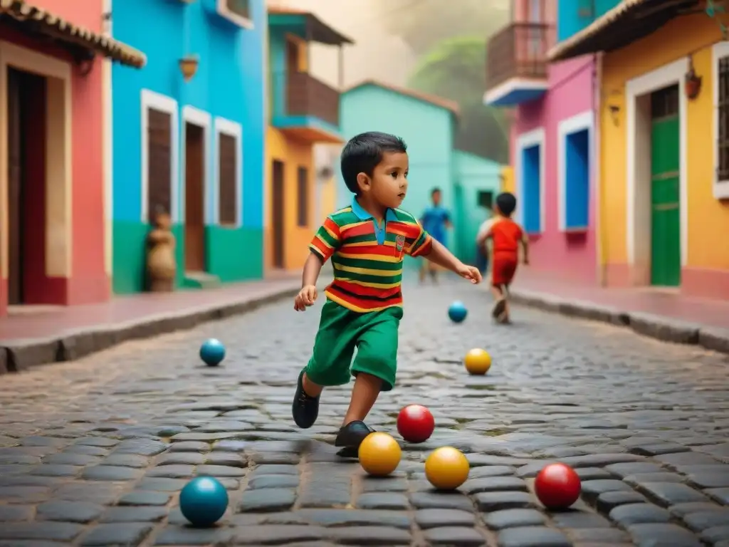 Vibrante juego de Elástico en barrio latino, niños alegres y coloridas casas