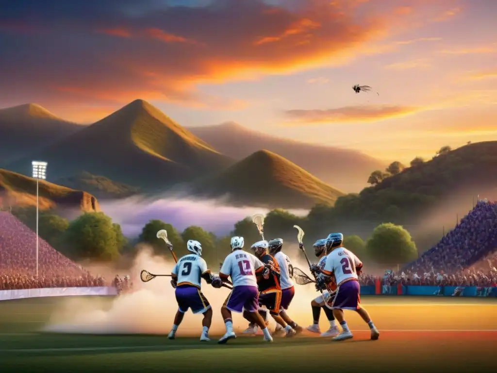 Un vibrante juego de lacrosse tradicional al atardecer, con tribus nativas compitiendo en un campo adornado, reflejando la tradición y la unidad