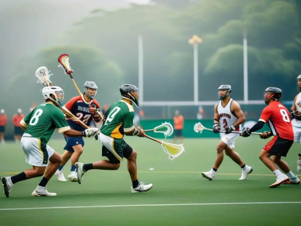 Vibrante juego de lacrosse tradicional entre tribus indígenas, destacando el origen y evolución del lacrosse en un campo verde exuberante