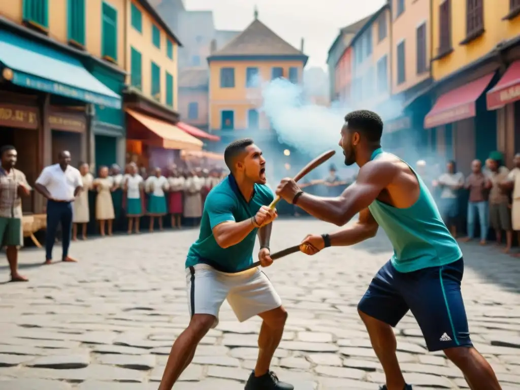 Vibrante juego de luchas callejeras tradicionales entre niños de diversas etnias en una plaza urbana