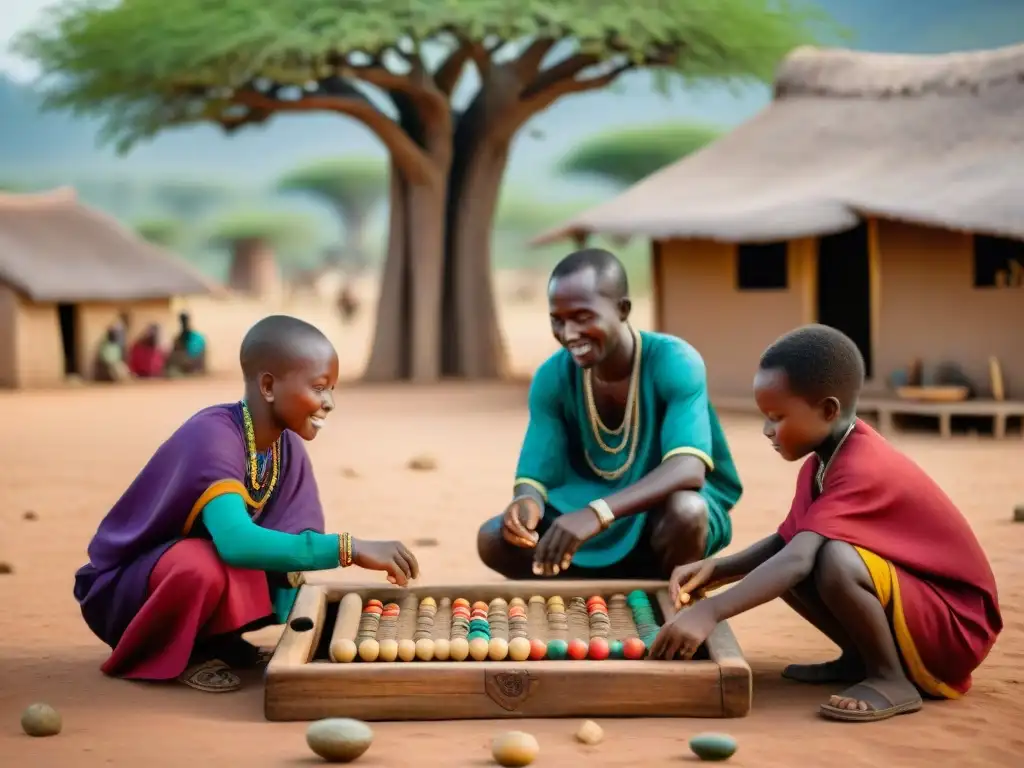 Un vibrante juego de Mancala bajo un baobab en una aldea africana, reflejando la diversidad de juegos tradicionales de diferentes culturas