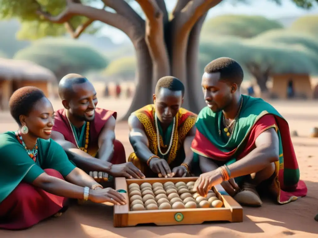 Un vibrante juego de Mancala bajo un Baobab en África: jugadores concentrados y alegres, textiles coloridos y piezas de madera