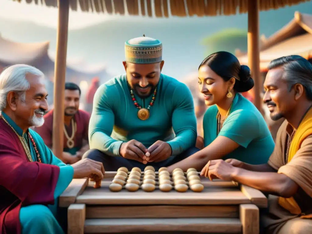 Juego ancestral de Mancala: diversidad cultural en vibrante mercado Un vibrante juego de Mancala en un mercado, jugadores de diversas culturas trascienden con camaradería