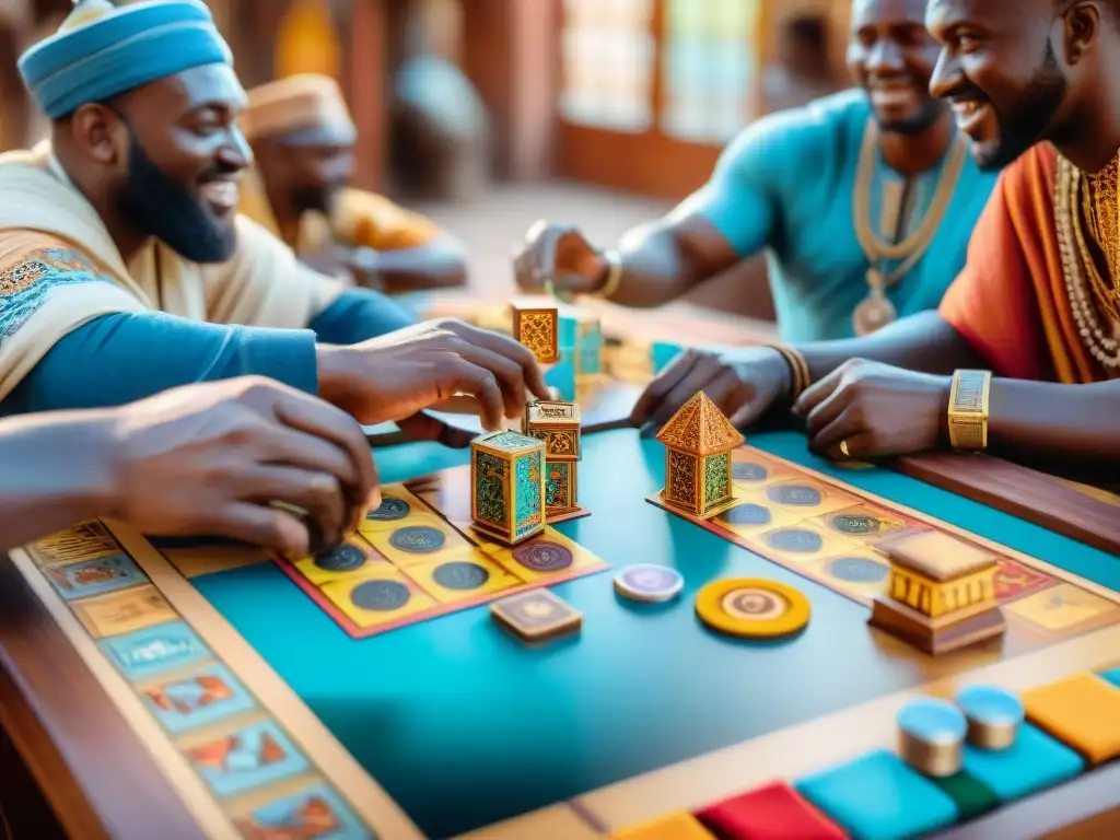 Un vibrante juego de mesa temática africana en un bullicioso mercado, con jugadores inmersos en la estrategia y emoción del juego