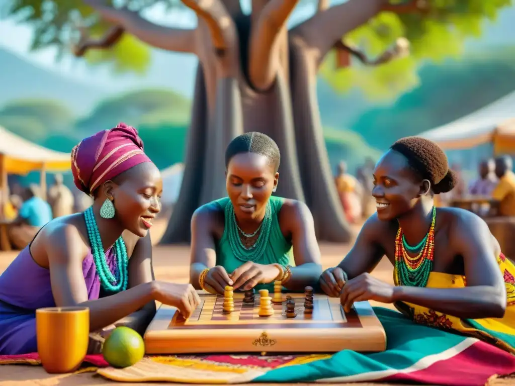 Un vibrante juego de mesa africano bajo un baobab, en un mercado animado