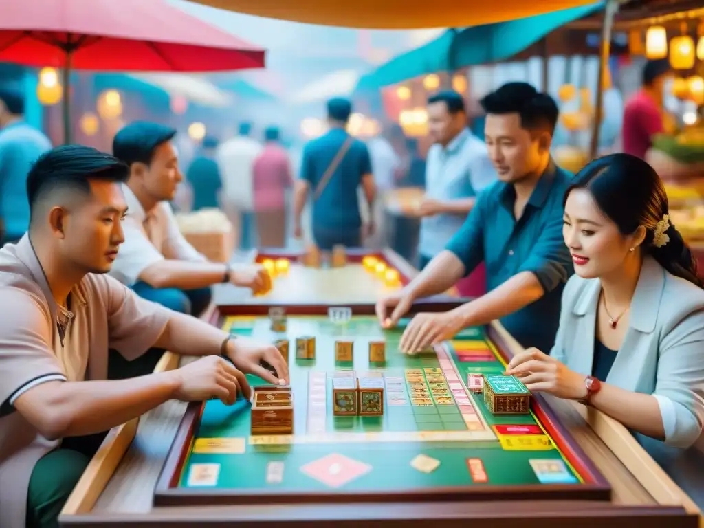 Un vibrante juego de mesa en un mercado asiático, reflejando la historia de juegos de tablero de culturas mundiales