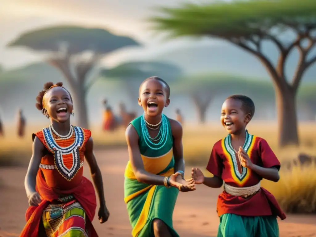 Un vibrante juego de niños en la sabana africana, reflejando la herencia lúdica de África