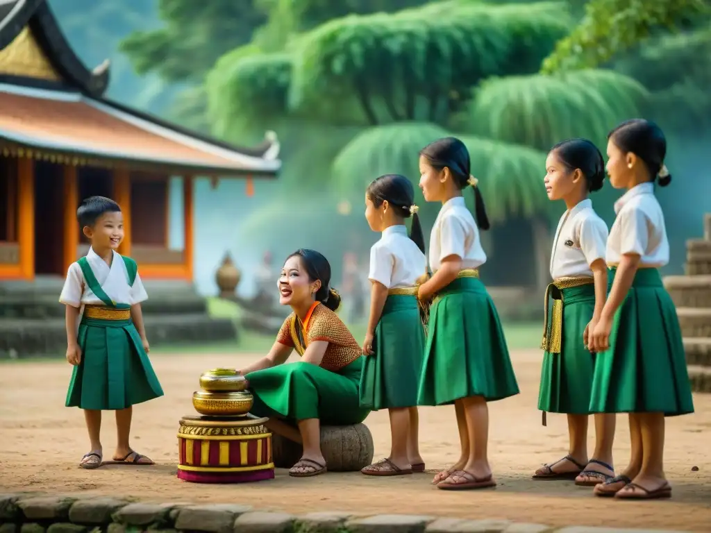 Un vibrante juego de 'Saba' con niños tailandeses en un pueblo rural, mostrando la evolución de los juegos tradicionales Tailandia evolución