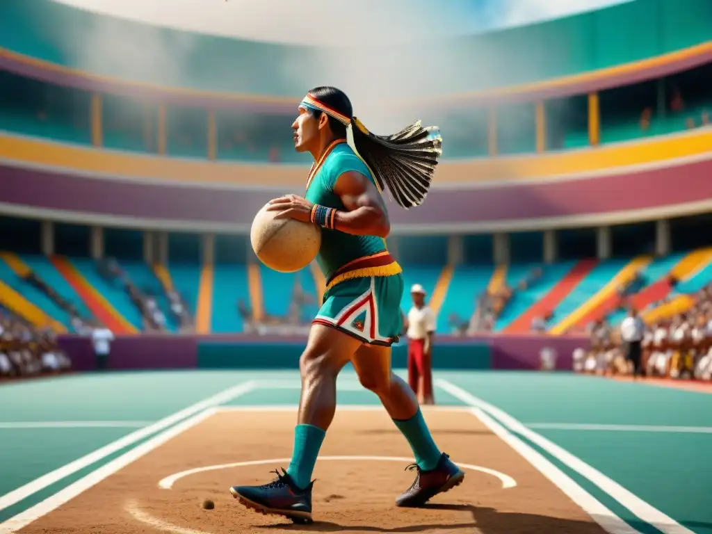 Un vibrante juego de pelota maya con atuendos tradicionales y espectadores, destacando la historia de los deportes autóctonos latinoamericanos