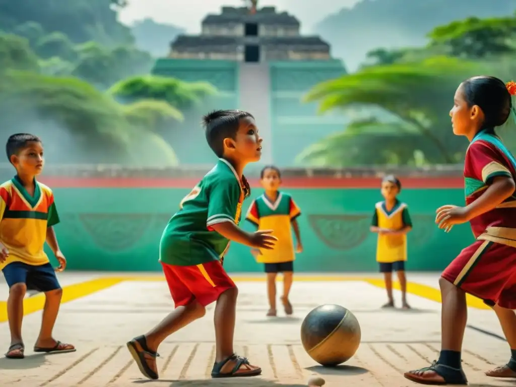 Juego de pelota maya: niños indígenas en acción Vibrante juego de pelota maya en la selva: niños indígenas, vestimenta colorida, patrones intrincados