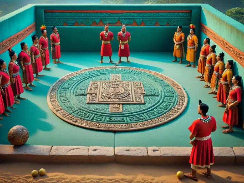 Un vibrante juego de pelota maya, con jugadores en atuendos tradicionales, resaltando la historia y evolución de los deportes y culturas