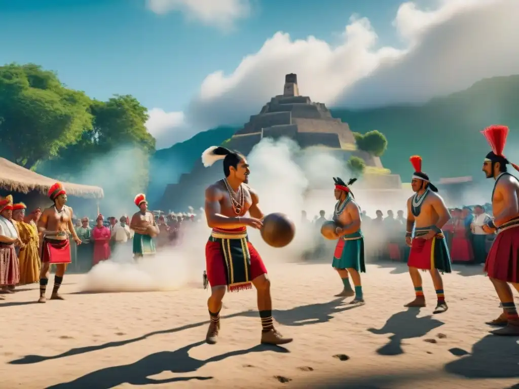 Un vibrante juego de Pelota Purépecha en un mercado, destacando deportes autóctonos en diferentes culturas