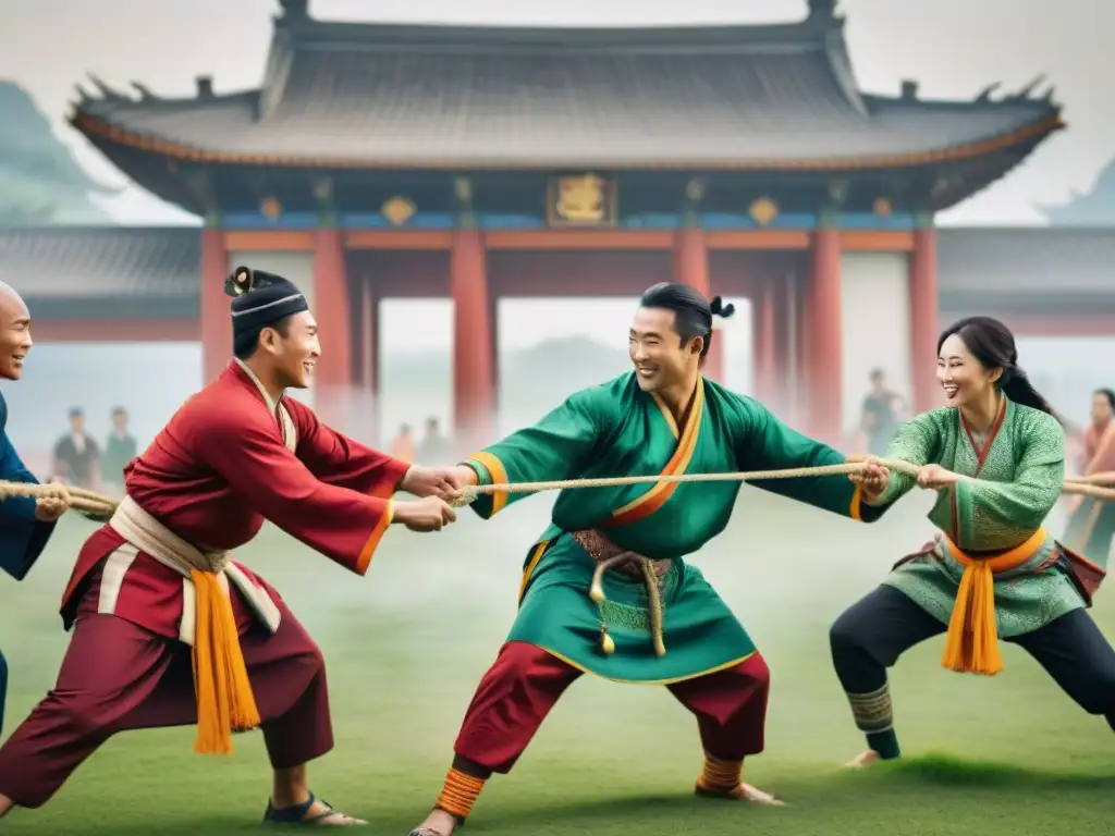 Juego de la Cuerda: Tradiciones Asiáticas en Acción Un vibrante juego de Tug of War entre personas de Asia con atuendos tradicionales y arquitectura histórica al fondo
