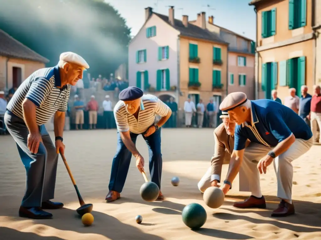 Un vibrante juego de petanca en una plaza francesa, donde ancianos se concentran en la partida