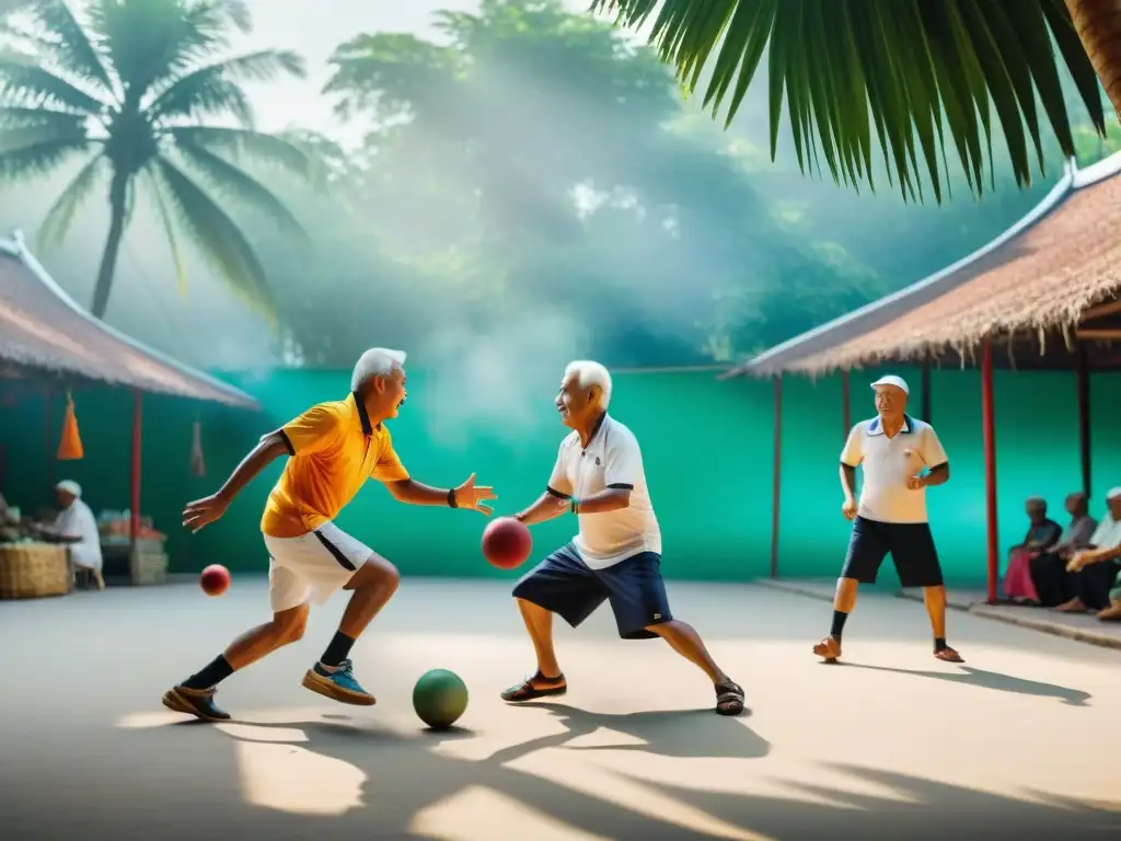 Un vibrante juego de Sepak Takraw entre ancianos bajo palmeras altas