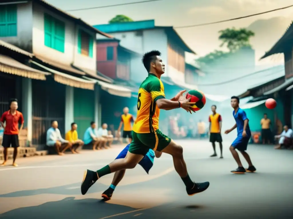 Un vibrante juego de Takraw en una bulliciosa calle de Asia, con jugadores en atuendo tradicional