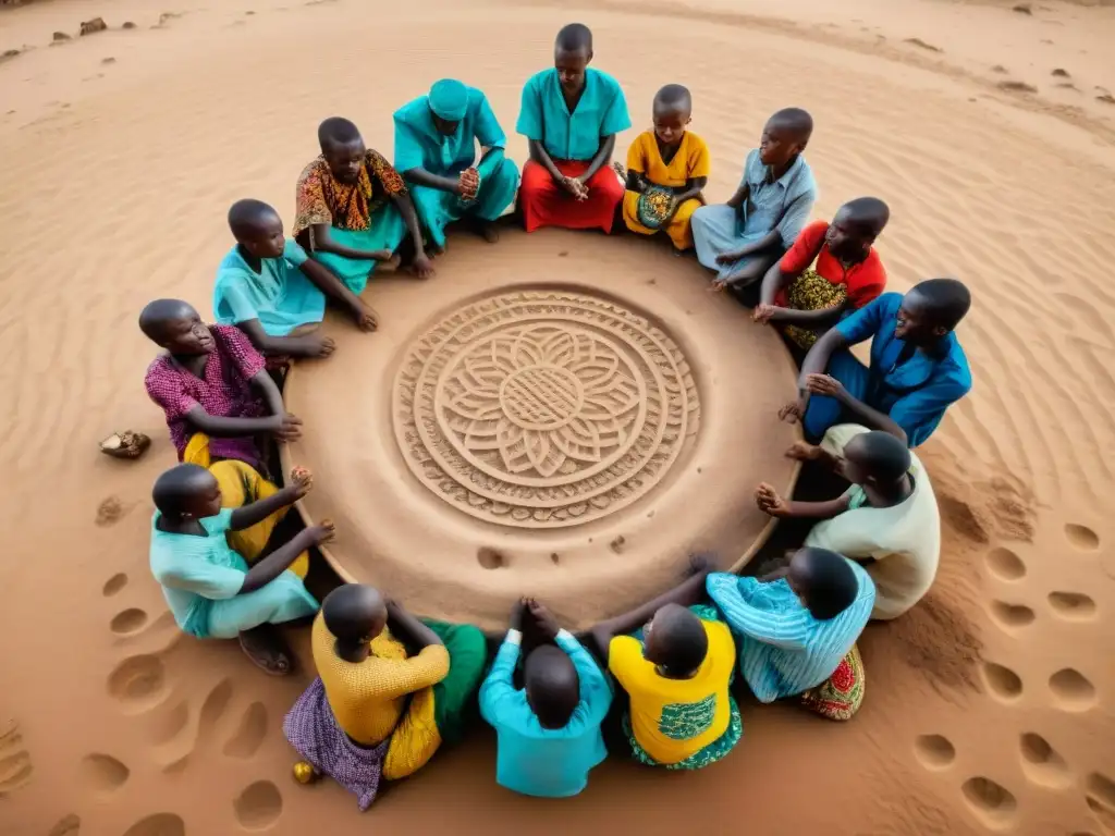 Un vibrante juego tradicional Ayoayo en África Occidental: niños concentrados y alegres en una plaza polvorienta