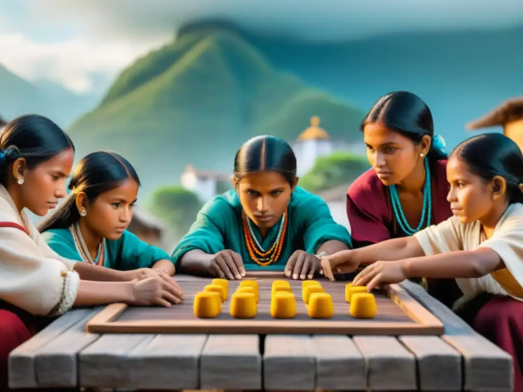 Un vibrante juego tradicional de mesa en América Latina, con niños indígenas y modernos rascacielos de fondo