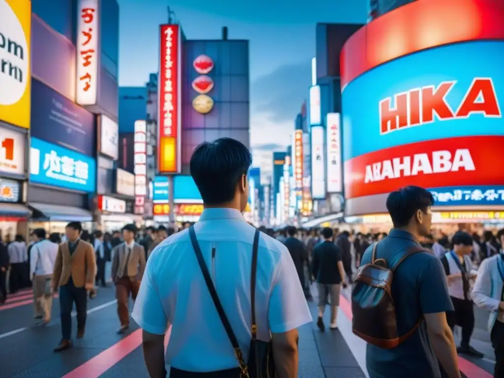 Vibrante Akihabara en Tokio: luces neón, carteles anime, gente y tiendas de tecnología