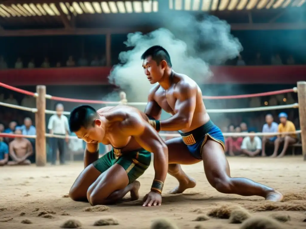 Vibrante competición de lucha tradicional Laos: dos luchadores musculosos en un intenso combate, rodeados de público y vegetación exuberante