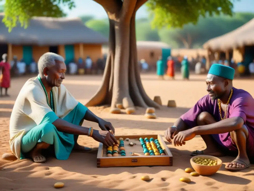 Un vibrante mercado africano con juegos de azar ancestrales bajo un baobab