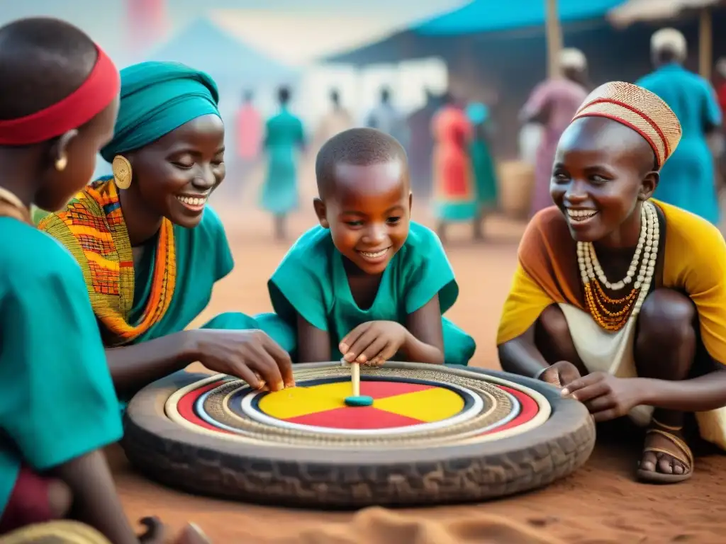 Un vibrante mercado africano con niños jugando juegos tradicionales, reflejando la historia de juegos africanos en la era de la globalización