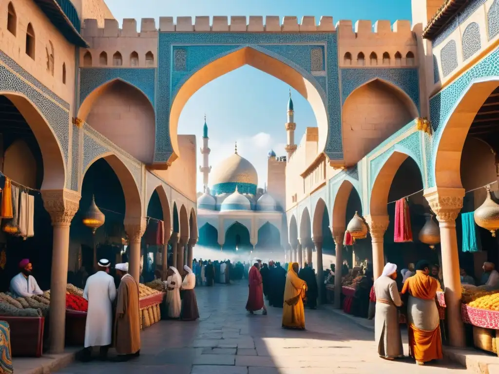 Vibrante mercado en una antigua ciudad del Medio Oriente, con juegos de suerte y coloridos textiles bajo arcos ornamentados