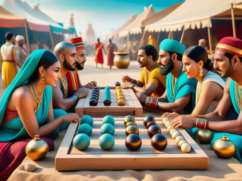 Juegos ancestrales: unión de civilizaciones antiguas Un vibrante mercado con antiguos juegos culturales trascendidos: egipcios, griegos, romanos y mayas unidos en diversión