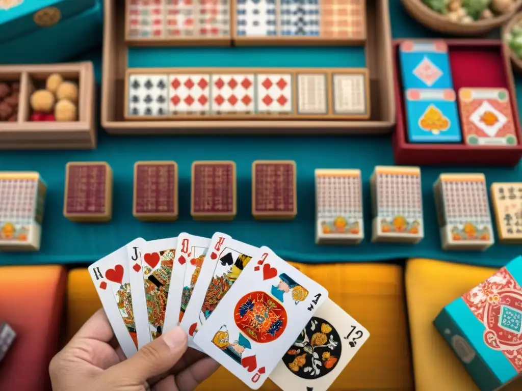 Un vibrante mercado asiático donde se juega al Hanafuda, mostrando la evolución del diseño de juegos en Asia