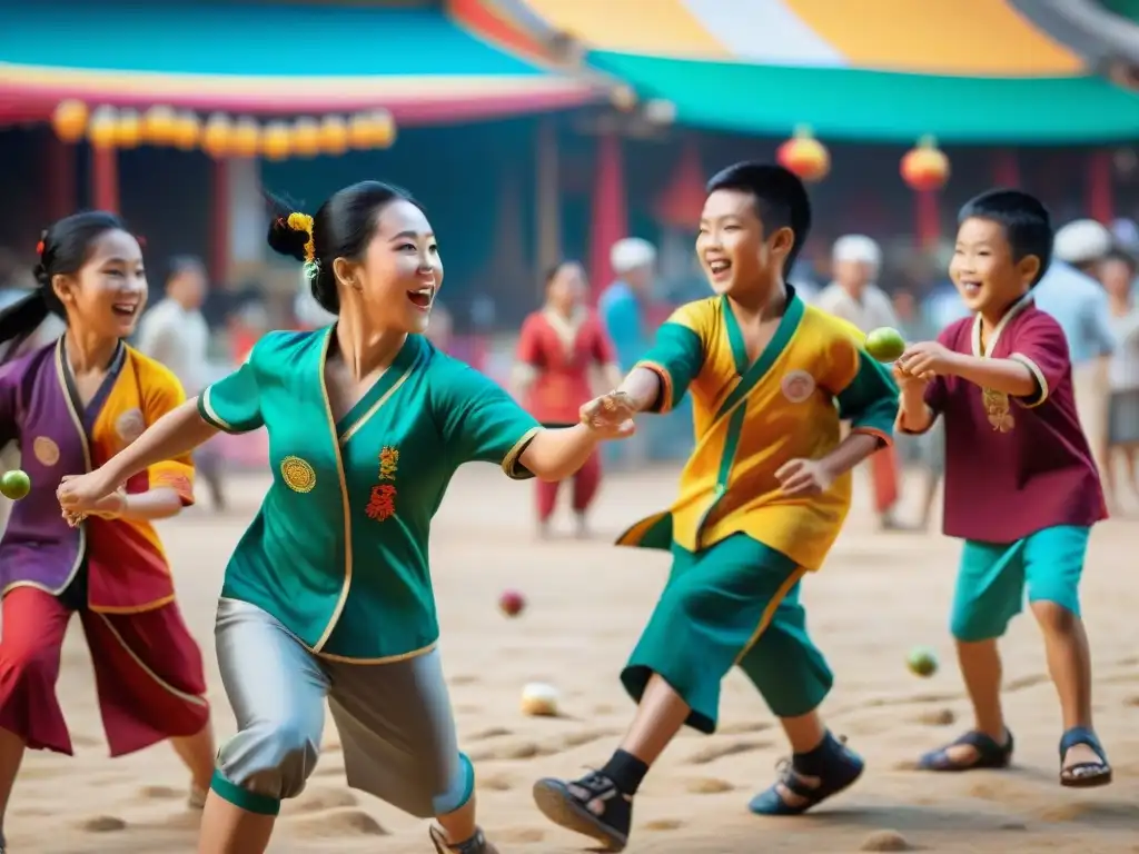 Vibrante mercado asiático con niños jugando juegos tradicionales, preservando la cultura