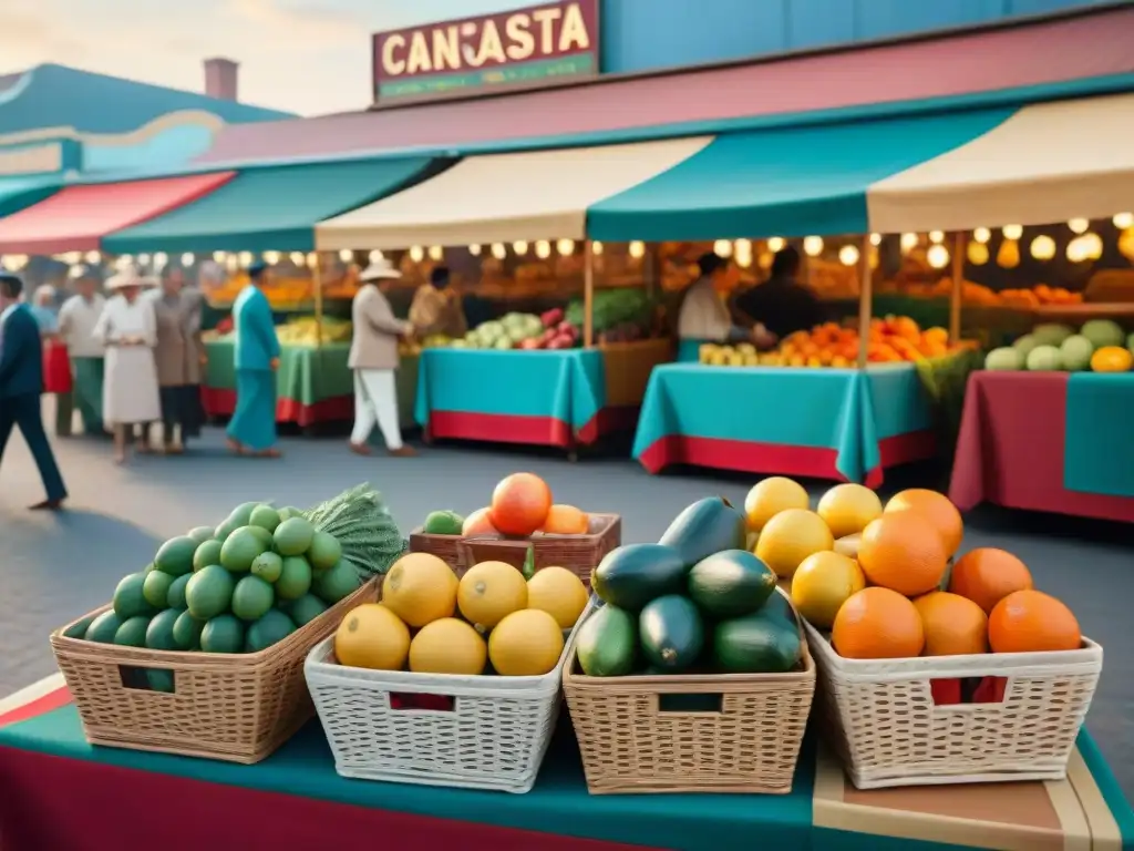 Un vibrante mercado callejero de los años 50 con vendedores y clientes, destacando los orígenes de la canasta en 1950