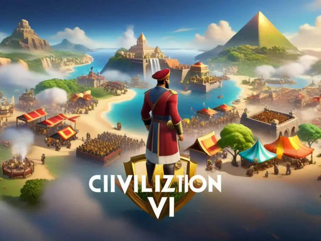 Vibrante mercado de Civilization VI, con comerciantes negociando recursos