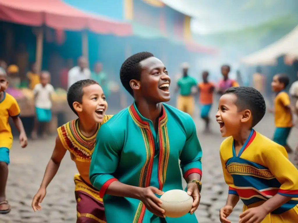 Un vibrante mercado latino donde niños juegan un juego africano tradicional, reflejando la influencia de la cultura africana en América Latina