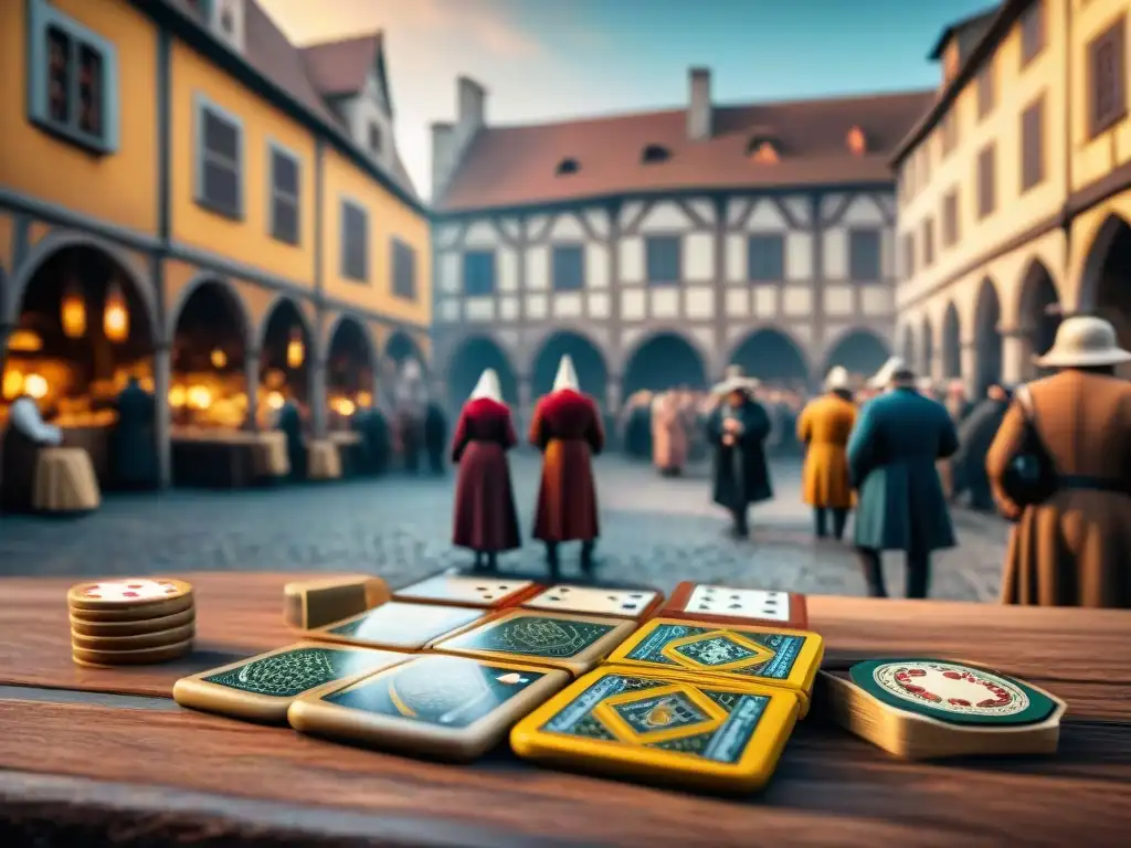 Vibrante mercado medieval europeo con juegos de azar, mostrando la importancia de los juegos de azar en la historia europea