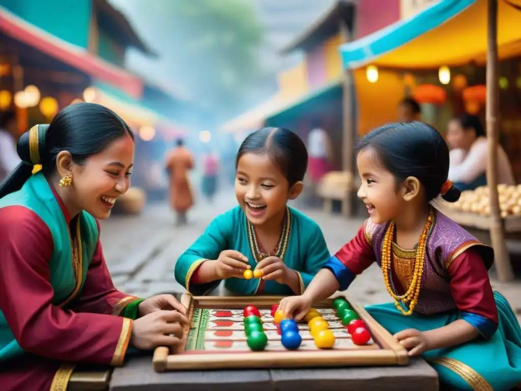 Un vibrante mercado donde niños de distintas culturas juegan juegos tradicionales juntos