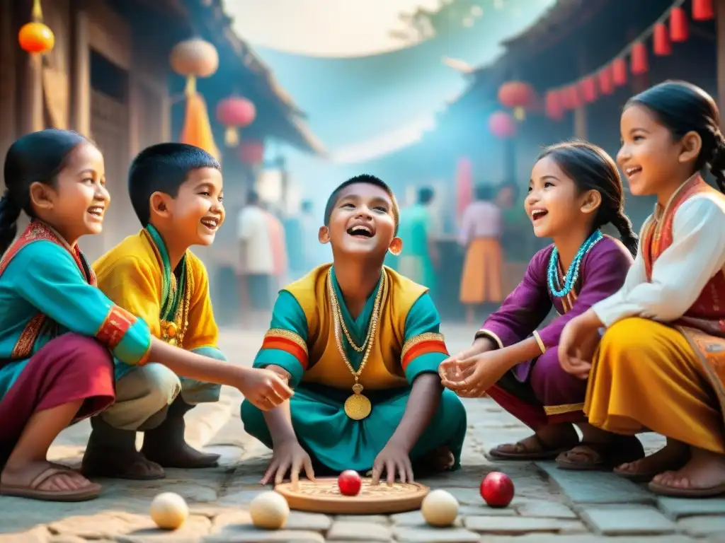 Un vibrante mercado donde niños de diversas culturas juegan juegos tradicionales, representando la diversidad cultural