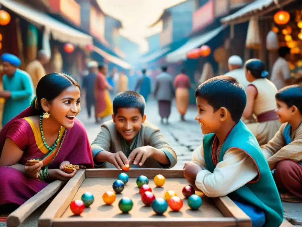 Un vibrante mercado donde niños de diversas culturas juegan a las canicas, representando la historia de juegos y deportes alrededor del mundo