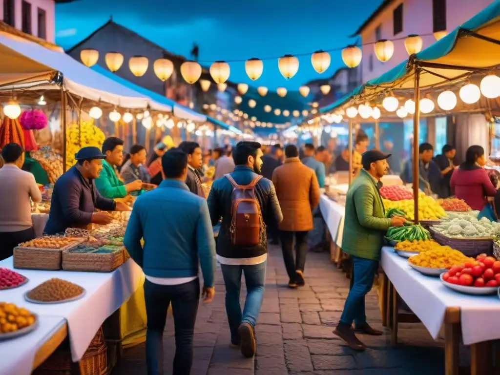 Un vibrante mercado nocturno en una ciudad de América Latina, con coloridos puestos de artesanías y comida callejera bajo luces de hadas