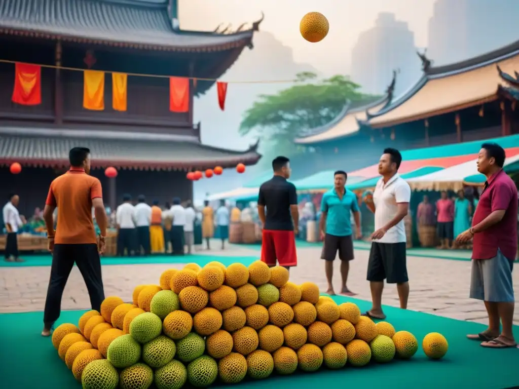 Un vibrante mercado donde personas juegan “Sepak Takraw”, reflejando la diversidad de juegos tradicionales de diferentes culturas