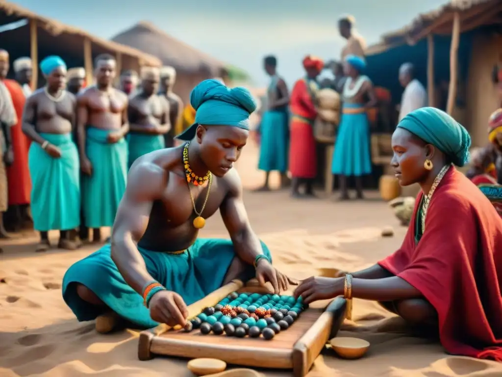 Un vibrante mercado en un pueblo africano con juegos tradicionales como Mancala y Dambe, niños cautivados por la rica herencia cultural