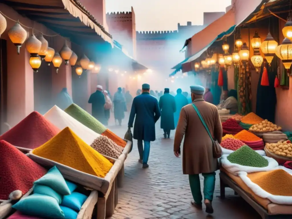 Un vibrante mercado en Marrakech, Marruecos, con textiles y especias coloridas, gente diversa en conversaciones animadas, reflejo de la evolución de juegos de rol culturas mundiales